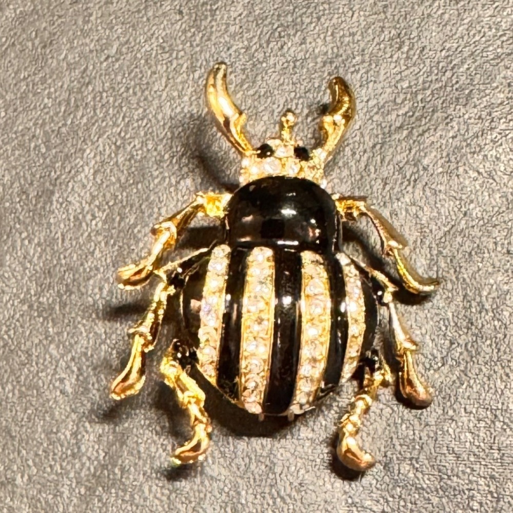Gold Tone Beetle Brooch Black Enamel Rhinestone Stag Insect Pin Vintage Style